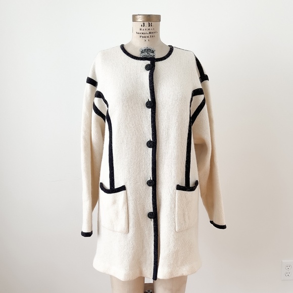 Vintage Artsy Black and White Mohair Sweater Coat Pockets Contrast Trim - Large - Picture 1 of 9